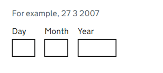 Exempel på inmatning av datum med separata fält för dag, månad och år