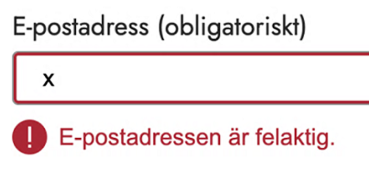 Exempel på valideringsmeddelande för e-postadress som saknar @-symbol