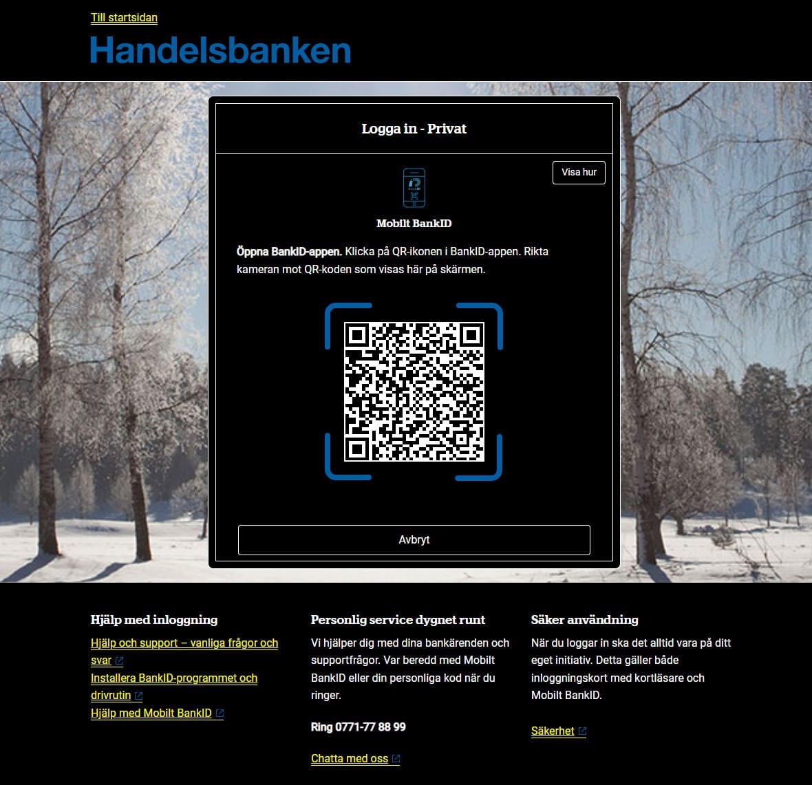 Exempel från Handelsbanken som visar QR-kod för inloggning med BankID i mörkt läge med vit ram runt koden